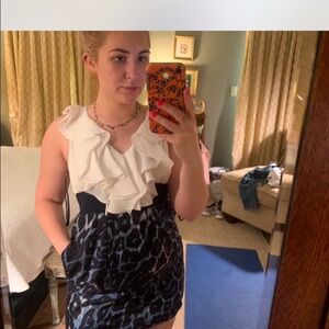 Very J White Ruffle Top with Black Patterned Skirt